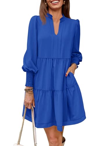 Image of Imily Bela Womens Fall Long Sleeve Tunic Dress Casual V Neck Tiered Dress | Loose,Swing,A-Line,Ruffled Collar,Puff Balloon Sleeve,Smocked Elastic Cuffs,Tiered Layered Ruffle Hem,Babydoll,Loose,Mini