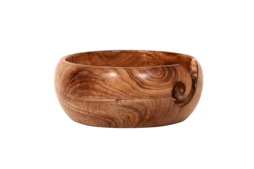 Image of Artisan Mango Wood Yarn Bowl - Tangle-Free Knitting & Crochet Gift with Leather Accent & Portable Design - Handcrafted for Crafters (7x7x3in)