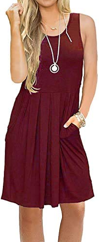AUSELILY Damen ärmelloses Plissee Loose Swing reizeitkleid mit knielangen Taschen(Wein Rot,L) Cover