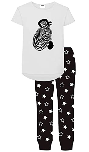 Jujak Girls Zebra Short Sleeved Pyjamas PJs Cotton Teenage Loungewear Made in England (Black/White, 9-10 Years)