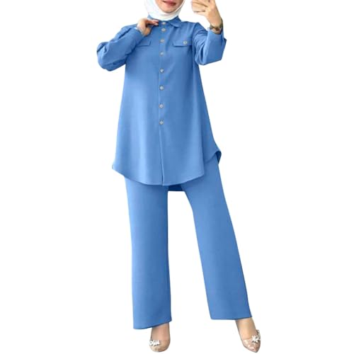 Image of ODIZLI Muslim Long Sleeve Blouse Wide Leg Pants Suits Autumn Solid Abaya Women Matching Sets 2PCS Tracksuits Turkey Kaftan