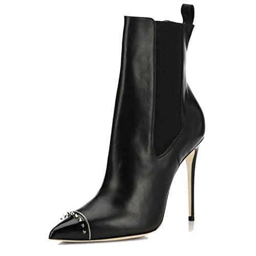 Rozhuhro Bottines Femme Boots Vernis Botte Haute Botte Equitation Bout Pointu Bottes Courtes Talon Mince fête de Mariage Bottes Courtes pour Les Occasions Formelles et l'Extérieur,Noir,36 EU Cover