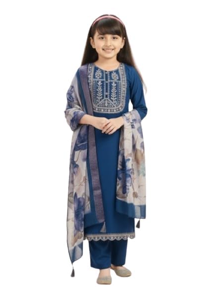 Image of Girls Ethnic Embroidered Silk Kurta Pant and Jacquard Dupatta Set | Kids Salwar Suit | three piece Traditional Outfit