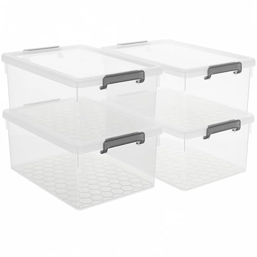 Image of Citylife 33 Qt Ultra-Thick (3.82mm) Clear Plastic Storage Bins with Lids, 4-Pack Stackable Straight-Wall Closet Organizers with Honeycomb Base & Pinch-Free Latches for Garage, Clothes & Holiday Decor