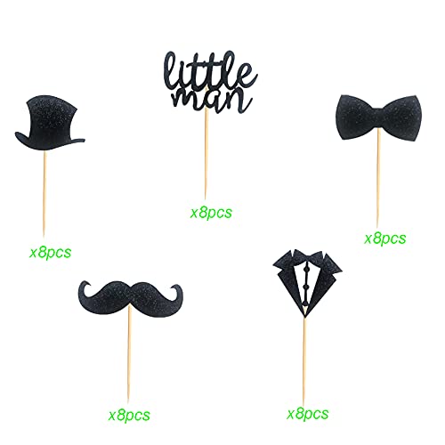Arthsdite Pack Of 40 Pre-Assembled Black Glitter Little Man Mini Beard Bowtie Hat Suit Cupcake Toppers For Boy Birthday Party Decorations #TOP2