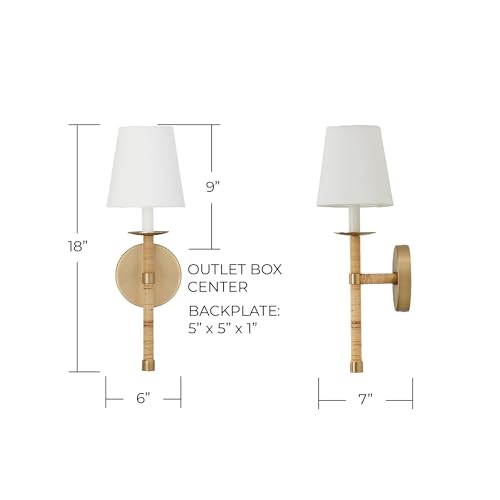 Image of Capital Lighting 647211MA-705 Tulum White Fabric Shade with Handcraft Rattan Torchiere Wall Sconce, 1-Light 60 Watt, 18 inch H x 6 inch W, Matte Brass