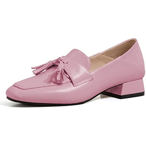 Lutalica W Women's Classic Closed Round Toe Matte Leather Comfort Patchwork Tassel Slip On Dress Flat Loafers Pumps Shoes Pink Size 41 Cover