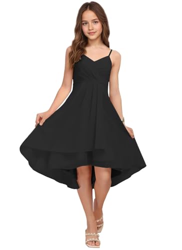 dideyttawl Short Junior Bridesmaid Dresses Pleated Chiffon Hi-Lo Flower Girls Dress Spaghetti Straps Flowy Gown 2504