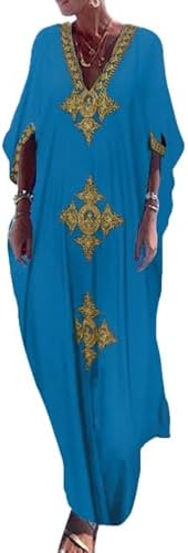 Bsubseach Gold Embroidery Long Kaftan Dresses V Neck Caftan Dress Beach Cover Ups for Women Embroidery