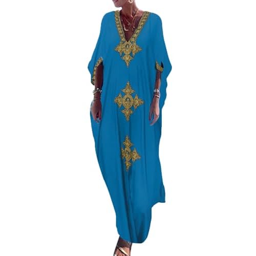 Bsubseach Gold Embroidery Long Kaftan Dresses V Neck Caftan Dress Beach Cover Ups for Women Embroidery W-cyan