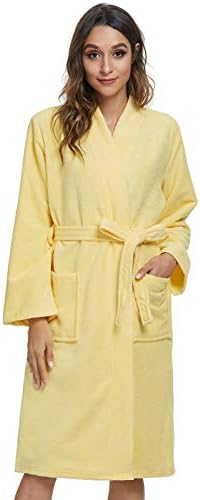 Vislivin Womens Lightweight Bathrobe Soft Kimono Robes Terry Cloth Bathrobe Knee Length Bath Gown Yellow M
