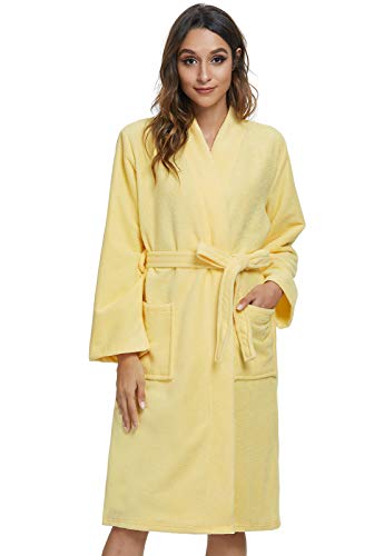 Vislivin Womens Lightweight Bathrobe Soft Kimono Robes Terry Cloth Bathrobe Knee Length Bath Gown Yellow M #TOP29
