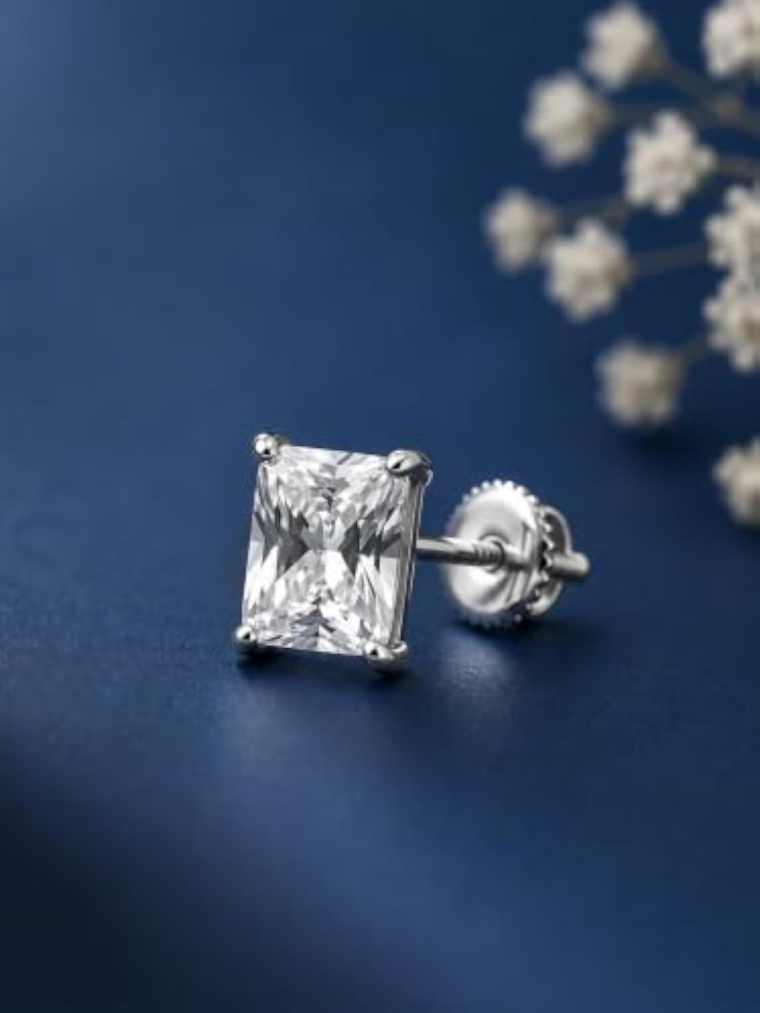 Sterling Silver Radiant Cut White Stone Stud Earring, Unisex