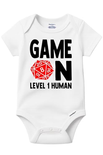 Brain Juice Tees Game On Level 1 Human Baby Onesie | Funny Fantasy RPG Toddler Bodysuit | Geeky Gift for Baby (White, 12 Month)