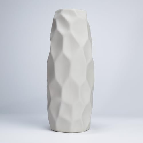 9 Inch White Ceramic vase, Geometric Simplicity Modern Decoration Matte Texture Rural Style Pampas Grass Creative vase, Wedding, Party, Dining Room Family Decoration（White-01）