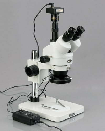 Image of AmScope SM-1TSZ-144-10M Digital Professional Trinocular Stereo Zoom Microscope, WH10x Eyepieces, 3.5X-90X Magnification, 0.7X-4.5X Zoom Objective, 144-Bulb LED Ring Light, Pillar Stand, Includes 0.5X and 2.0X Barlow Lenses and 10MP Camera with Reduction Lens and Software