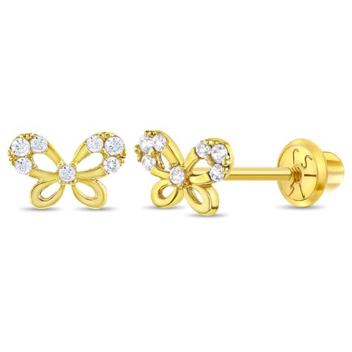 14k Yellow Gold Young Girl's Clear Round Cubic Zirconia Butterfly Screw back Earrings, Tiny Screw Backs for Toddlers to Preteens- Girl's Beautiful and Fashionable Butterflies Stud, Small Cute CZ Studs
