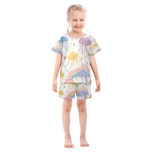 Pajama Sets Short Sleeve Colorful Clouds and Stars Pattern Soft Cotton Summer Sleepwear 2 Piece PJS Size 5-14T4