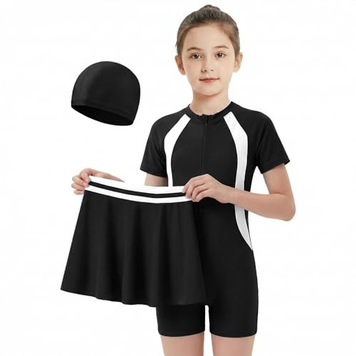 Image of Baogaier Girls One Piece Swimsuit with Skirt and Swim Cap 11-12 Years,Black