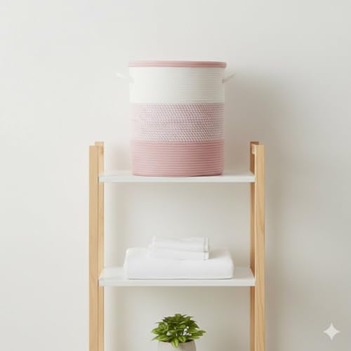 Image of Basket with Lid, 15 inch x 20 inch Woven Storage Basket for Blankets, Toys, Pillows, Towels, Living Room Bedroom Storage Bin, Round Rope Basket with Lid, Wicker Baskets for Organizing (BG7)
