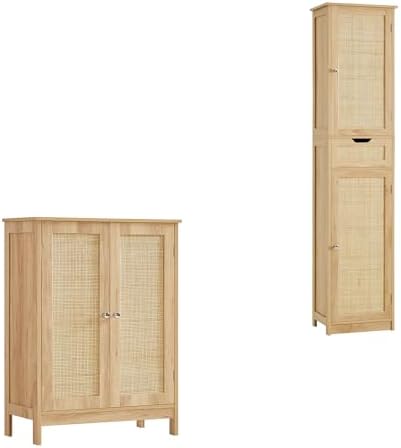 Amazon.com: Iwell Tall Bathroom Cabinet with Doors, Rattan Storage Cabinet with Adjustable ...