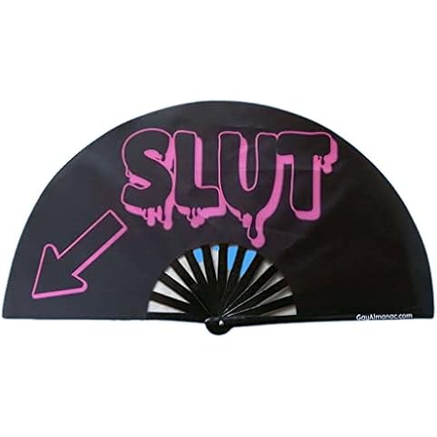PandaTak Gay Pride Folding Hand Fans, Funny Large 13" Bamboo Fan with UV Reactive Ink, for LGBTQ Circuit Parties EDM Festivals and Raves (Slut - Left Arrow) Cover