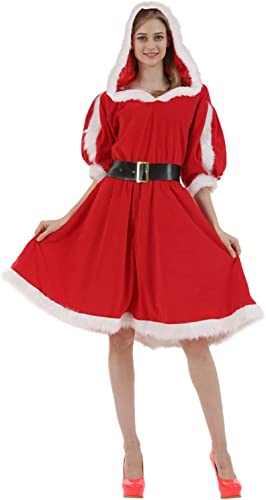 EBAYIN Costumes du père Noël Luxe Costumes du père Noël Mode Robe pour Femmes Robe Rouge avec Casquette de Noël Costumes de scène Costumes de Danse de Noël Costumes d'halloween L Cover