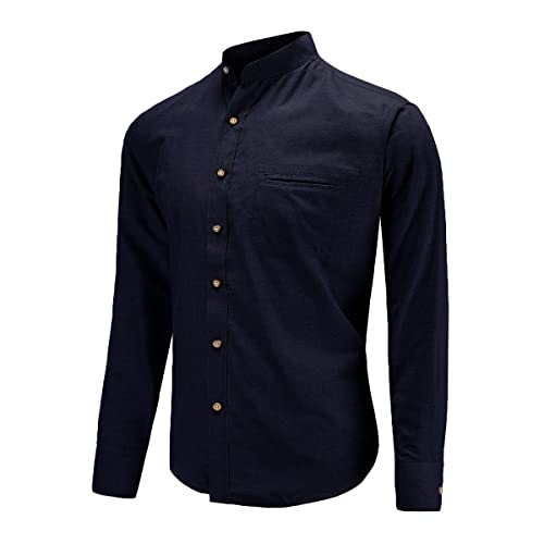 Dioufond Mens Grandad Collar Shirts Long Sleeve Mandarin Shirts for Men Navy Mao Collar M