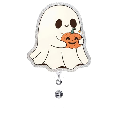 Cute Ghost Badge Reel Acrylic Retractable Halloween Badge Clip with 360° Rotating ID Card Holder Ghost Holding Pumpkin Badge Reel Designs Halloween Spooky ID Badge Holder for Nurses, Doctors