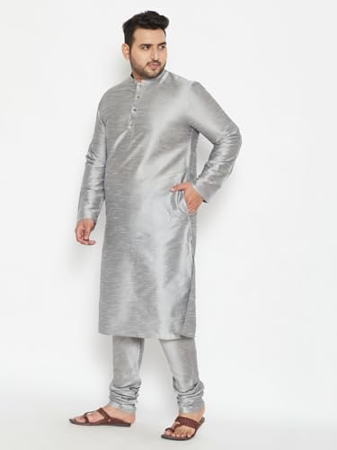 Image of Vastramay Plus Men Men's Grey Silk Blend Kurta Pyjama Set