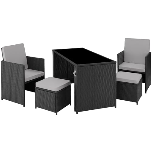 tectake® Conjunto Jardín Exterior de Ratán y Acero, Muebles Jardín Exterior Resistente a la Intemperie, 2 Sillones Plegables, 2 Taburetes, 1 Mesa con Cristal, con Cojines y Abrebotellas - Negro/Gris