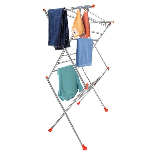 Image of Zureni Cloth Drying Stand Foldable & Portable Heavy Duty Stainless Steel Clothes Dryer 2 Tier Rack with Double Pole and Hanger for Balcony Laundry Hang (Pack of 1)