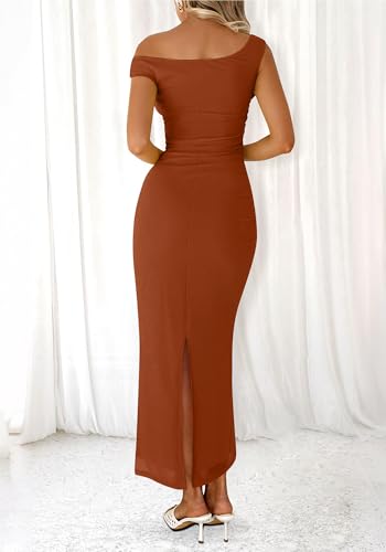 Image of BTFBM 2026 Summer Wedding Guest Dresses for Women One Shoulder Bodycon Ruched Mesh Formal Cocktail Spring Fall Maxi Dress