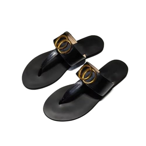 Flip Flops for Women Four Seasons Flat Bottom Leather Flip flops for Women, Classic Clip Metal Buckle Large Beach Shoes