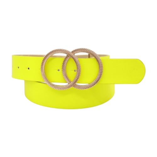 Generic Women Neon Yellow Fashion Belt - Hip High Waist Bright Band Gold Circle Metal Buckle M L z0633