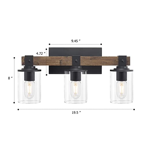 Drnanlit Wood Vanity Lights,3-Light Farmhouse Bathroom Lighting Fixtures With Clear Glass Shade,Industrial Vintage Rustic Wall Lamp For Bedroom,Living Room,Hallway (3-Light, Antique Wood) #TOP2