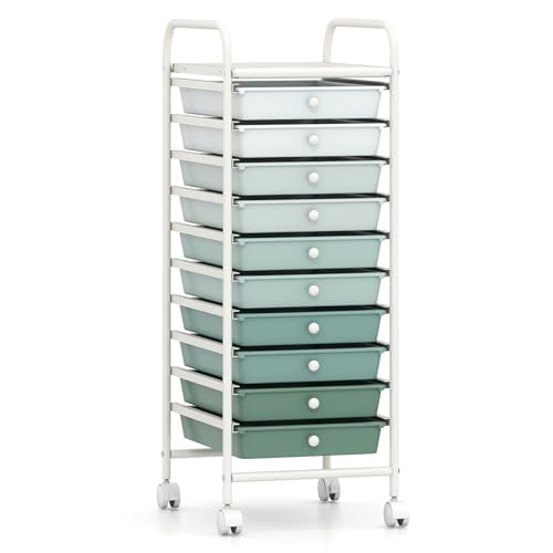 Image of TANGZON 4/10 Drawers Storage Trolley, Rolling Utility Cart with Wheels, Multipurpose Mobile Shelving Organizer for Home Office Stationery Beauty & Salon (Gradient Green, 10 Drawers, 33x38x86cm)