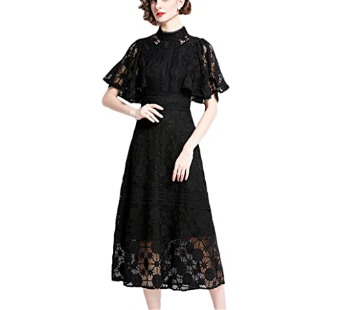 Summer Women Lace Stand Collar Butterfly Sleeve Dress Female High Waist A-Line Hollow Out Long Dress