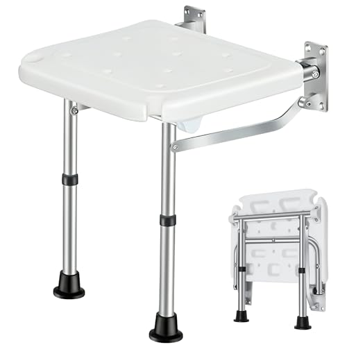 HEIGHT Adjustable Wall Mounted Folding Shower Chair for Elderly | Space Saving Foldable Bath Seat for Adults & Disabled | Heavy Duty Shower Seat for for Elderly, Disabled, Pregnant & Adults