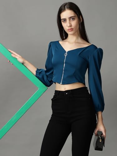 Image of SHOWOFFFF Women Solid Casual Top | V Neck Full Sleeves Crepe Top's for Womens | Regular Fit Regular Length Tops for Women's