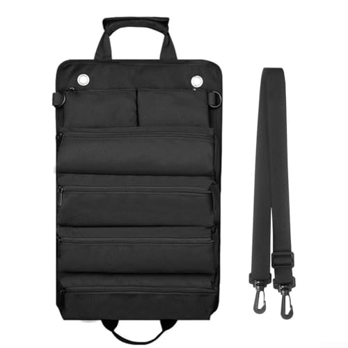 Waterproof Oxford Fabric Tool Roll Bag with Adjustable Shoulder Strap, Four Large Compartments, Two Detachable Pouches, and Rust Resistant Zippers (black)