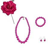 Accesorios flamenca mujer feria, bisutería perlas de plástico, rosa para pelo pinza garra, clip coletero broche, sevillanas romería baile español (Fucias Flor Fucsia, Pack con Flor de palo)