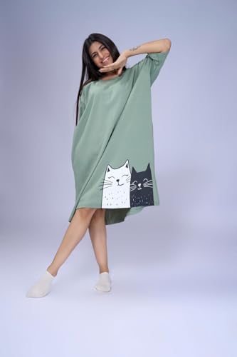 Image of LAMA STORE Women's Printed Oversized T-Shirt Dress, Cotton, 3 /4 Sleeve Length, Casual Loose Fit, Comfort Wear Extra Comfy Oversized Printed Pocket T-Shirt Dress