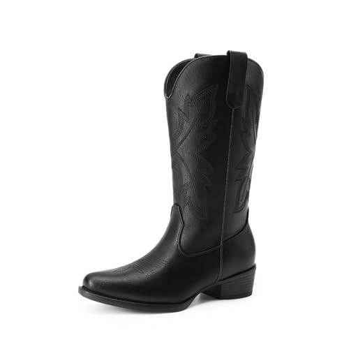 DREAM PAIRS Cowboy Boots for Women Cowgirl Western Mid Calf Boots Snip Toe Embroidered Stitched Low Chunky Heel Pull On Fashion Boots