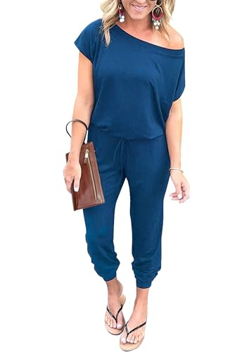 Image of PRETTYGARDEN Jumpsuits for Women Summer Off Shoulder Romper | Short Sleeve Drawstring Waist, Jogger Jumpers with Pockets, One Piece Spring Break Outfits, Vacation Travel Lounge Clothes