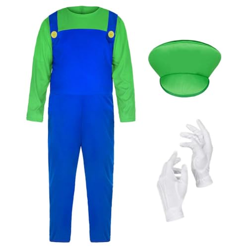 Disfraz Mario Bros 31 AOOWU Disfraz de Luigi Niño, Mario y Luigi Cosplay Disfraz, Super Disfraz de Luigi con Gorra, Barba y Guantes, Disfraz Mario y Luigi para Niños, para Carnaval Halloween Cosplay