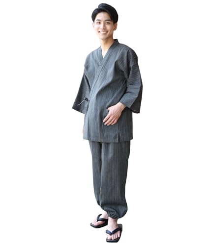 [ON NISHIKI] 作務衣 紳士 綿100％ 上下セット しじら織り メンズ 涼しい(11:墨白縞/M/0810)