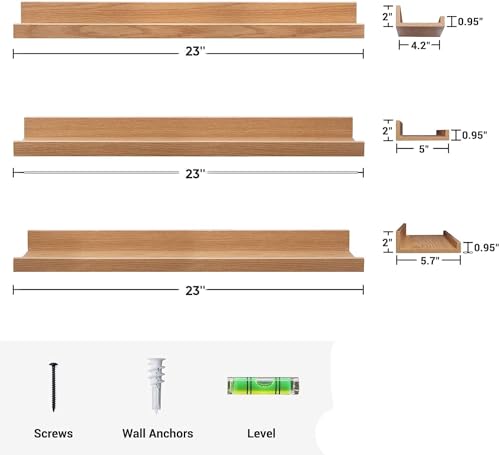 Image of Wooden Floating Wall Shelves Set of 3 for Living Room & Bedroom | Modern Wall Mounted Display Rack for Decor, Photo Frames, Plants & Storage (Natural, 23 Inch)