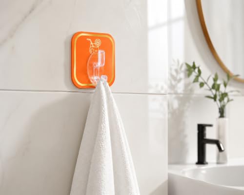 Image of 6 PCS Self Adhesive Wall Hooks Heavy Duty Waterproof Oil Proof No Drill Wall Hanger for Bathroom Kitchen Office Bedroom Coat Towel Keys Bags (6 Pcs, Orange Color)