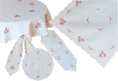Nappe brodée roses fleurs été printemps linge table lin - 4